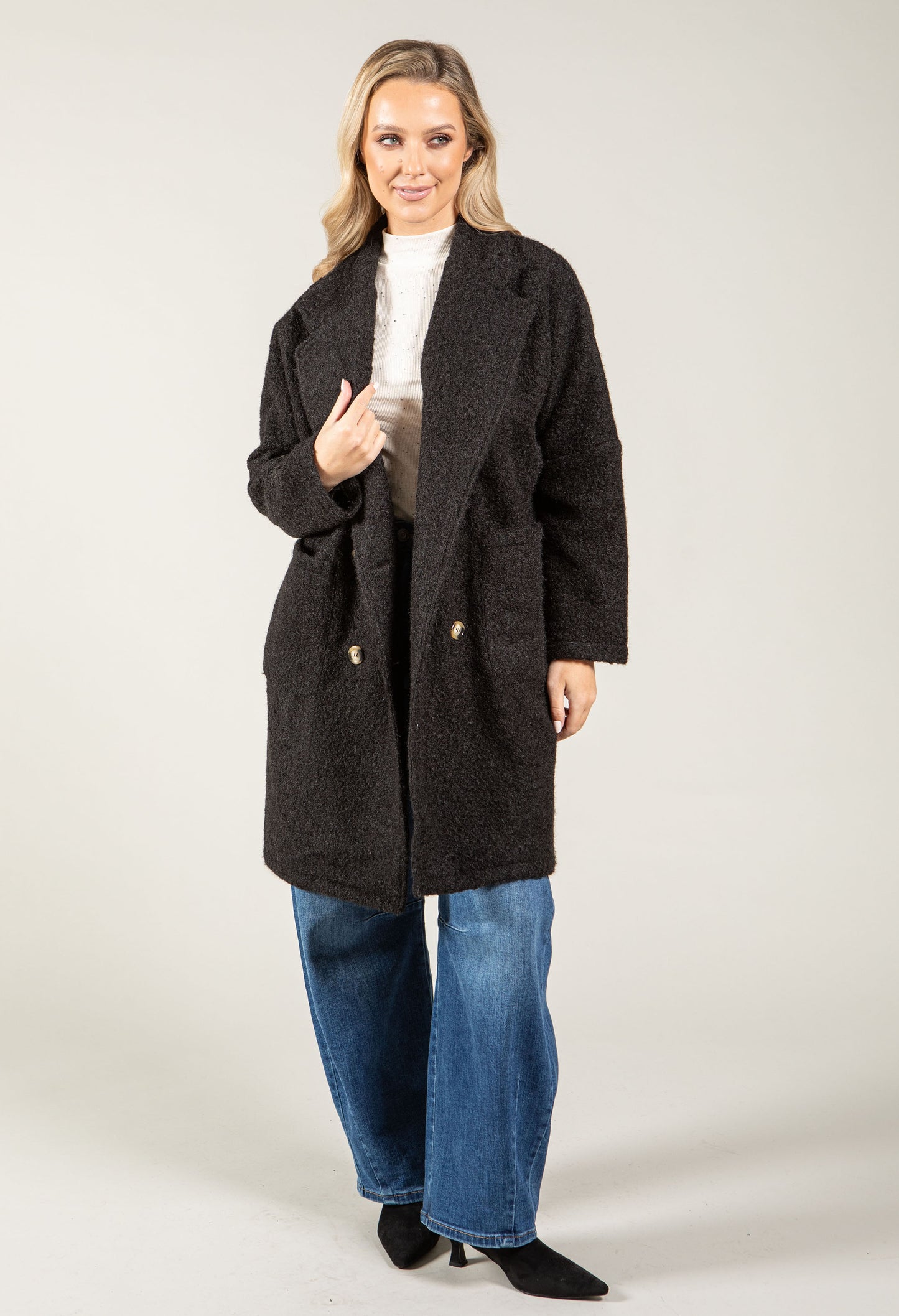 Buttoned Soft Boucle Coat
