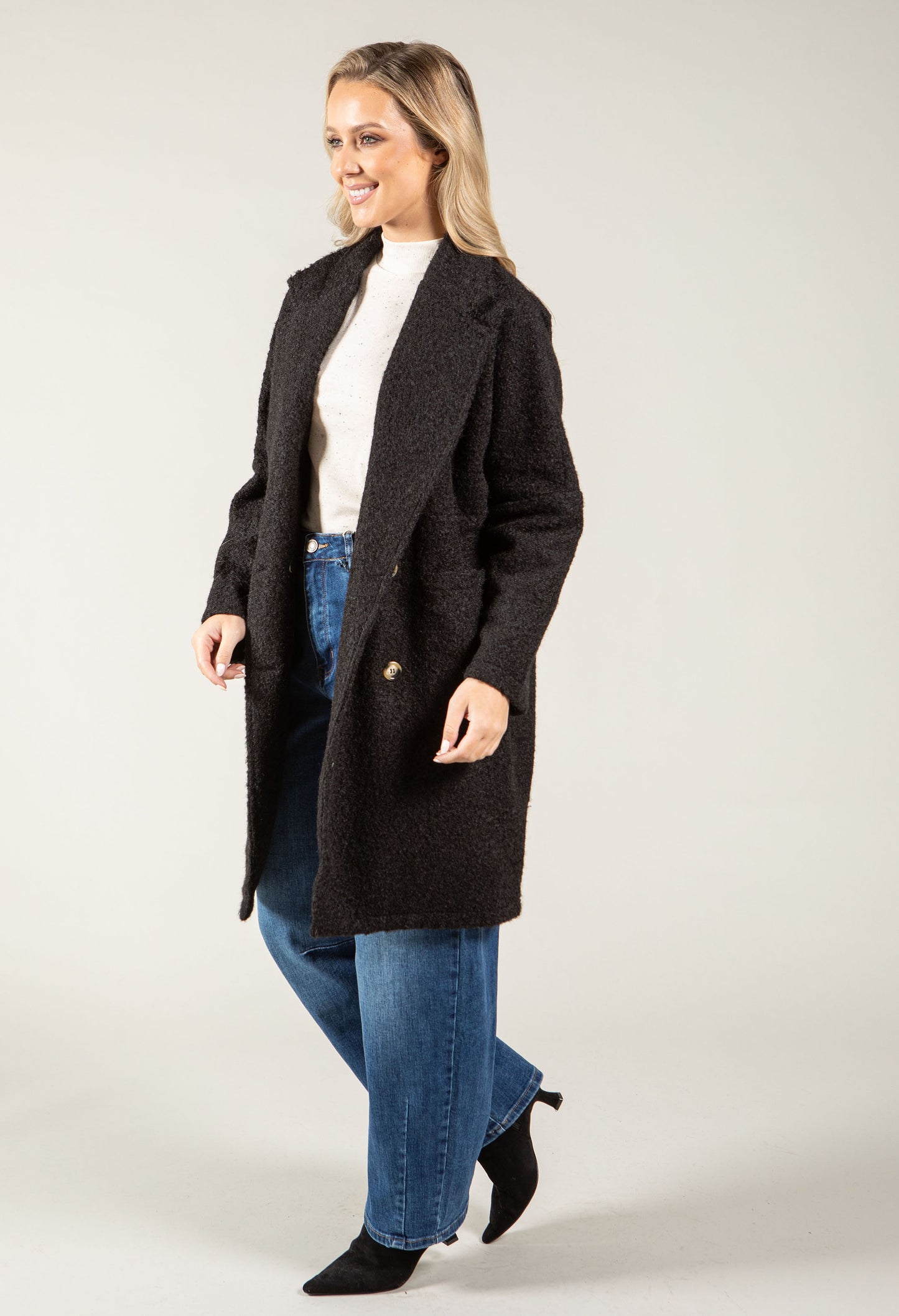 Buttoned Soft Boucle Coat
