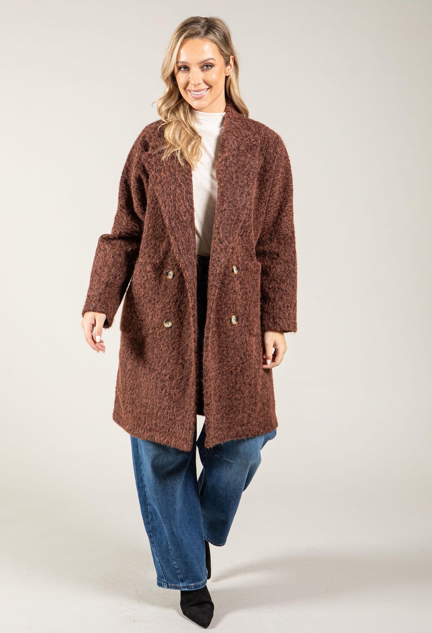 Buttoned Soft Boucle Coat