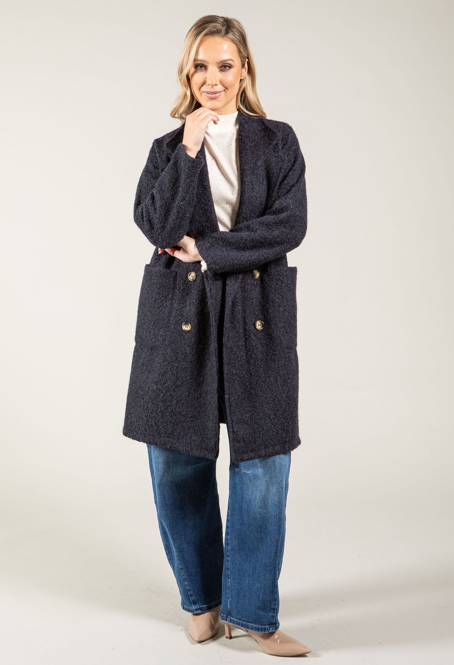 Buttoned Soft Boucle Coat