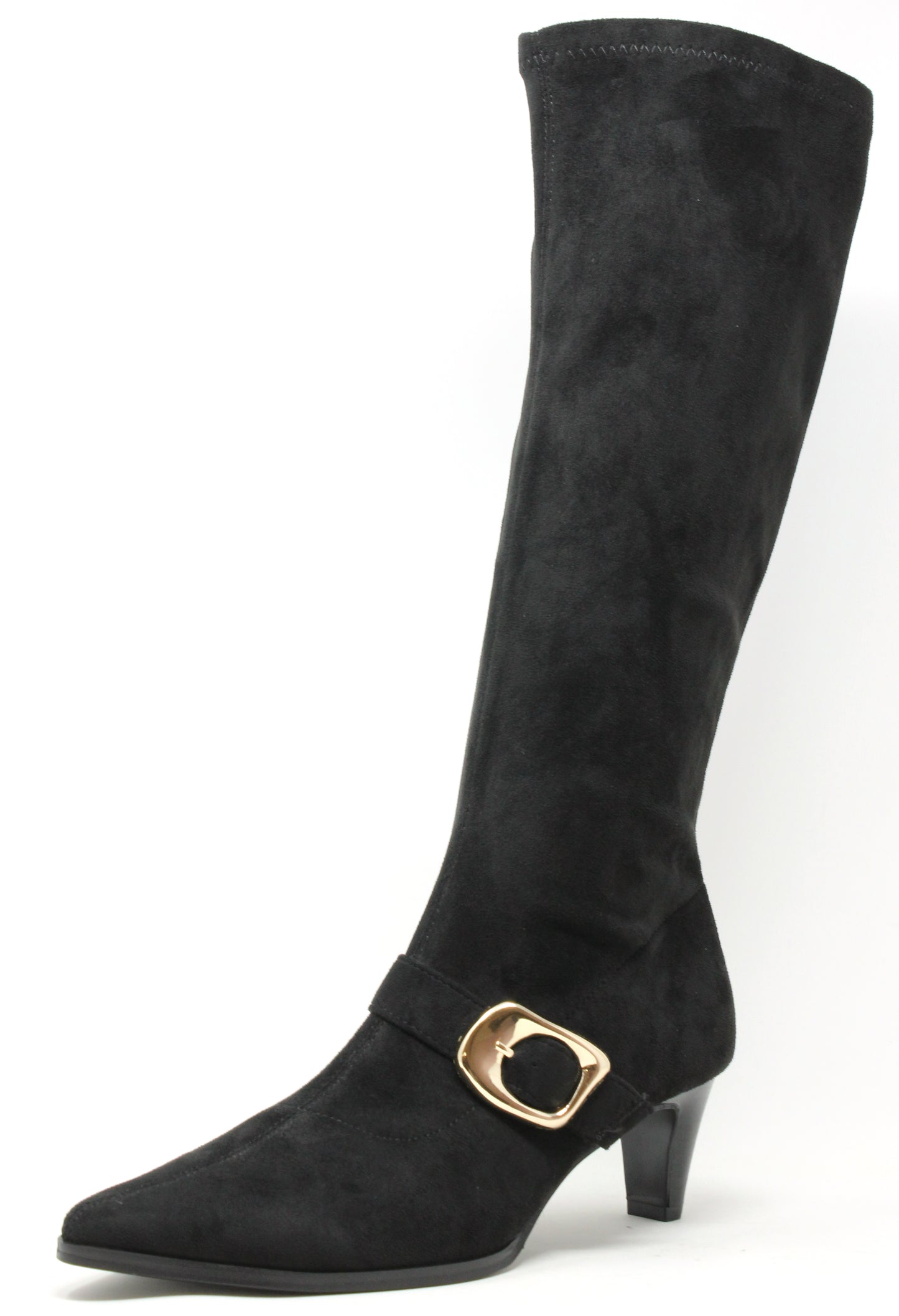 Black knee-high boot with a gold buckle on a white background