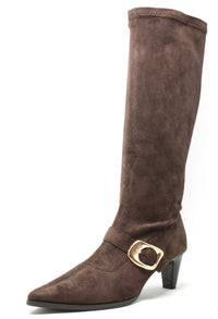 Brown knee-high boot with a gold buckle on a white background