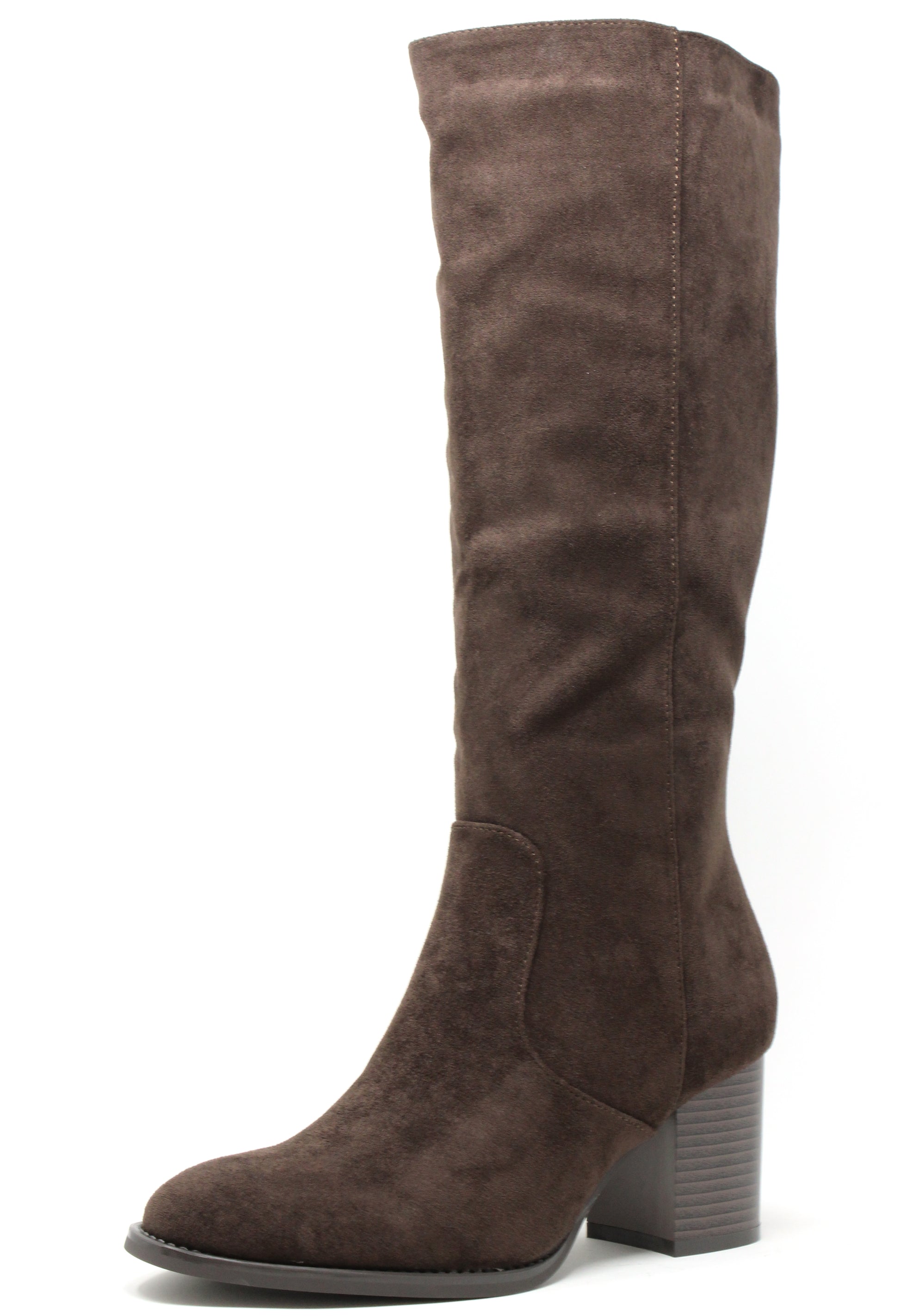 Brown knee-high boot on a white background