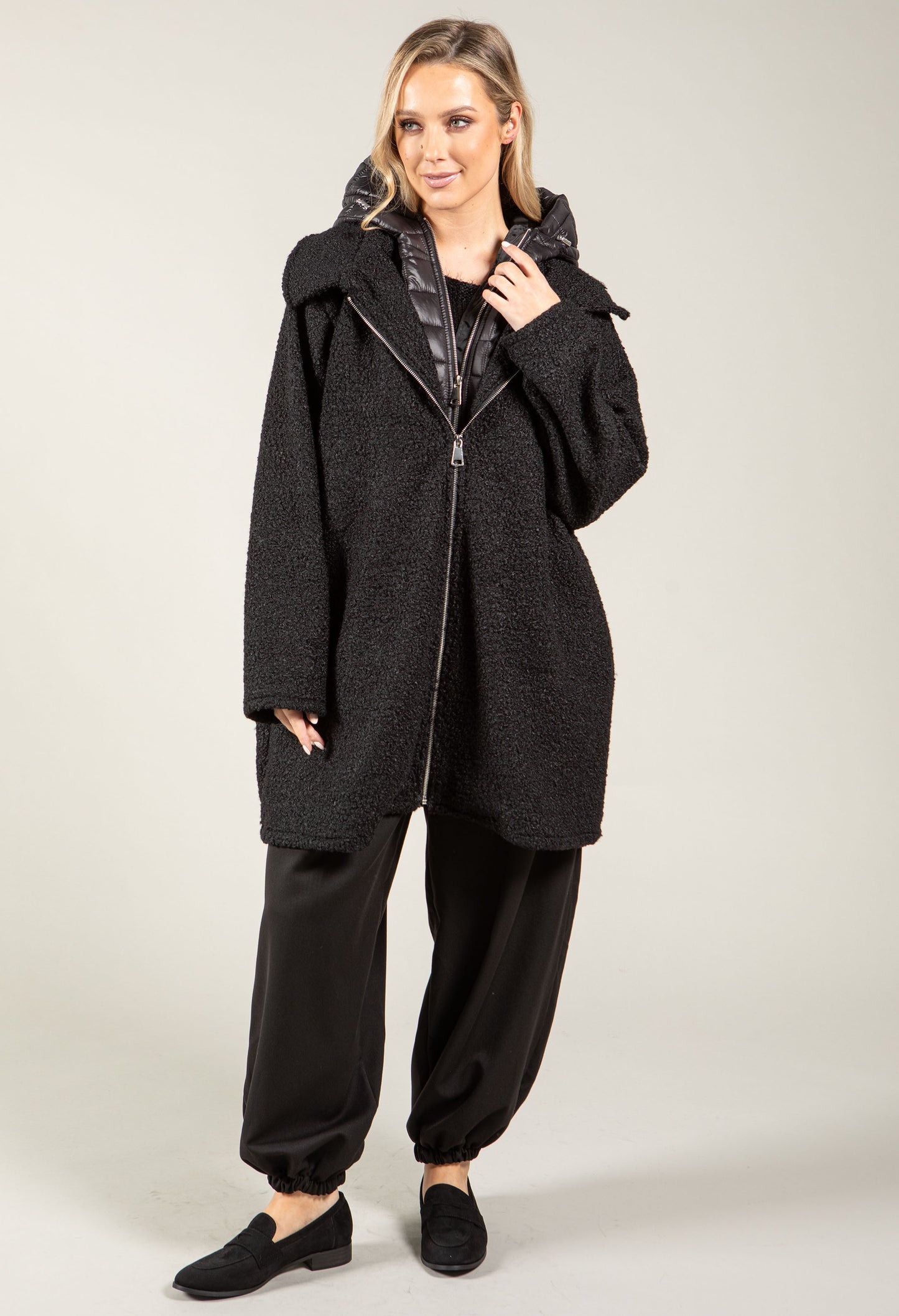 Quilted Hooded Soft Boucle Coat