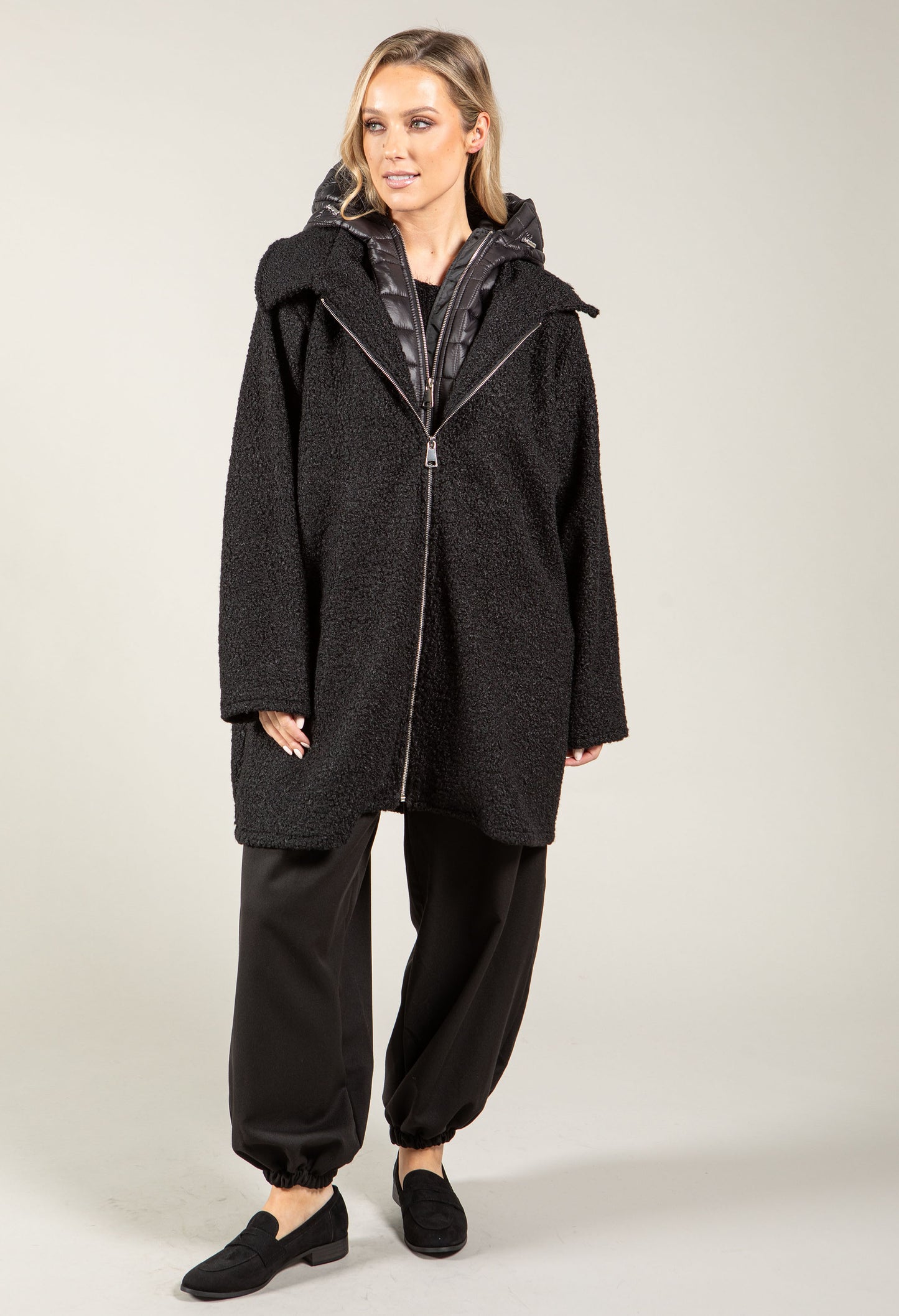 Quilted Hooded Soft Boucle Coat
