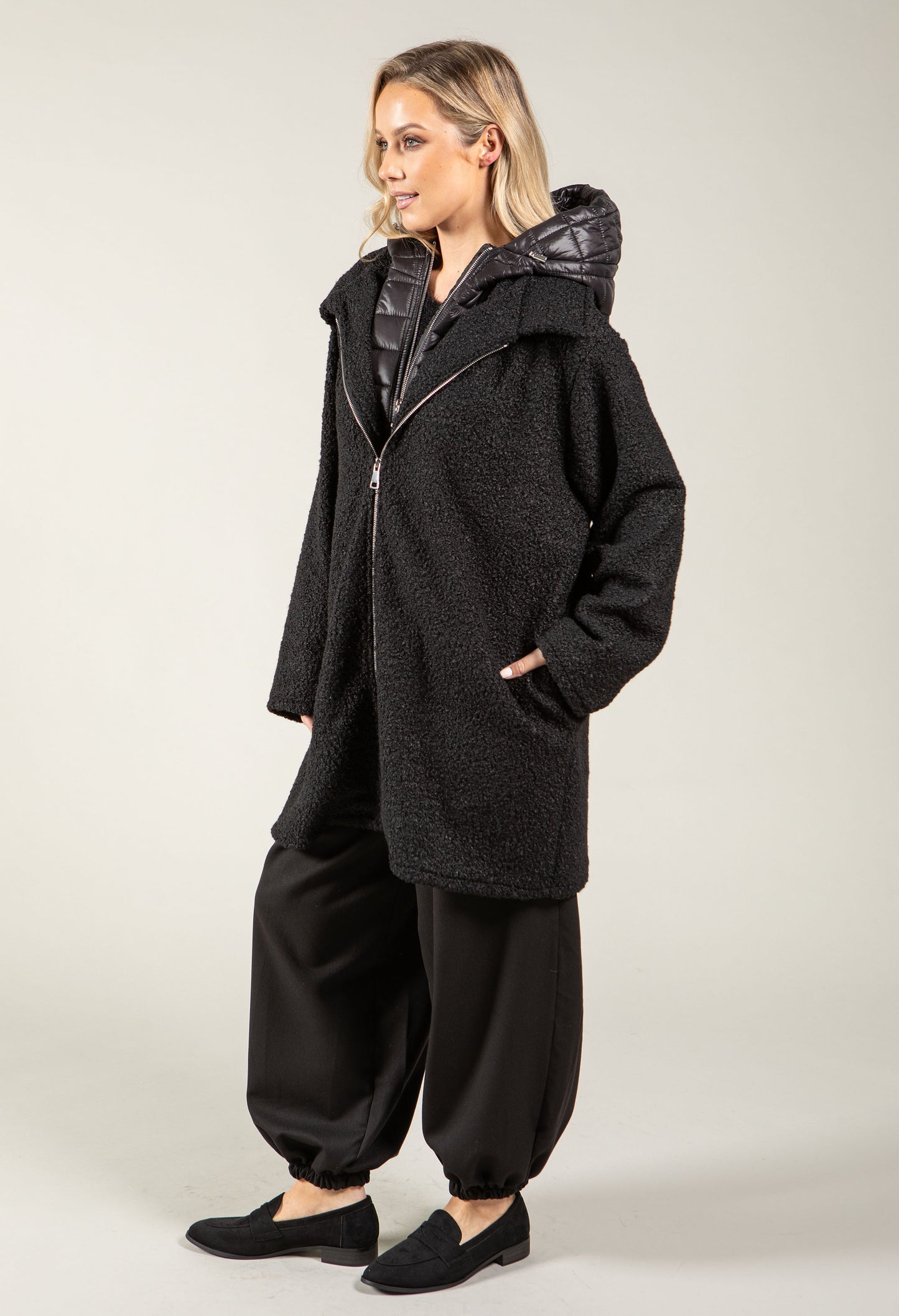Quilted Hooded Soft Boucle Coat