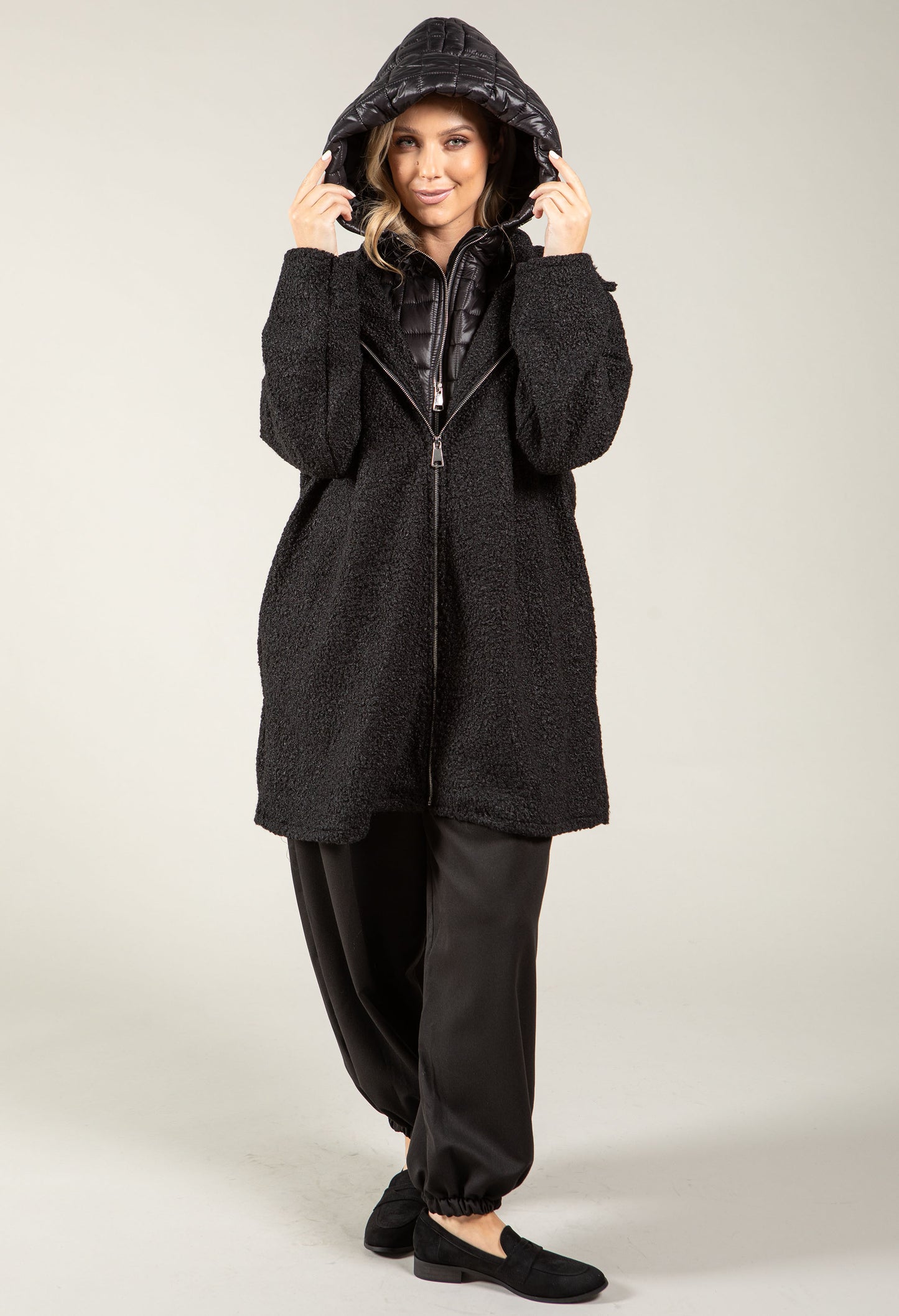 Quilted Hooded Soft Boucle Coat
