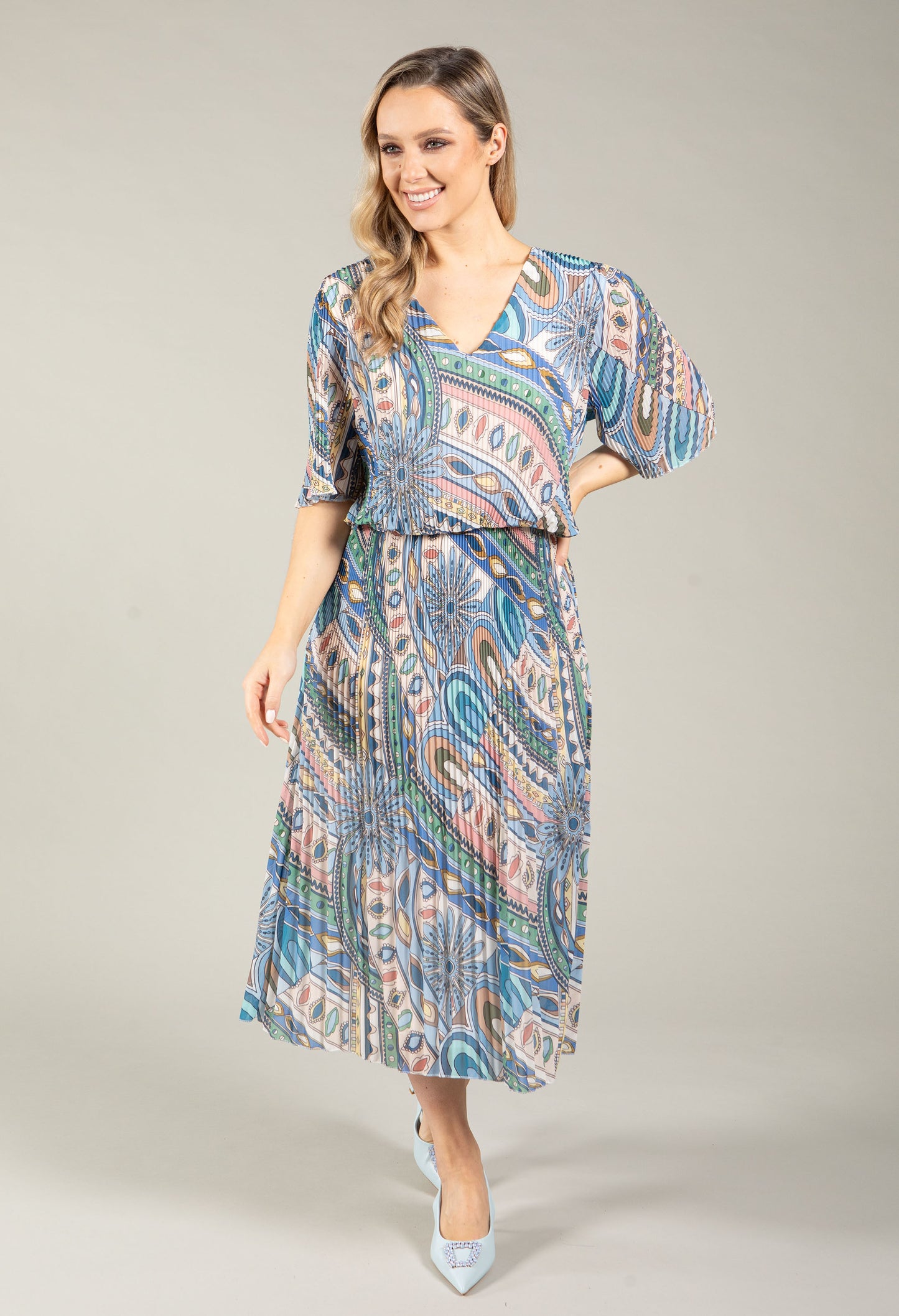 Paisley Print Plisse Pleated Pop Over Dress