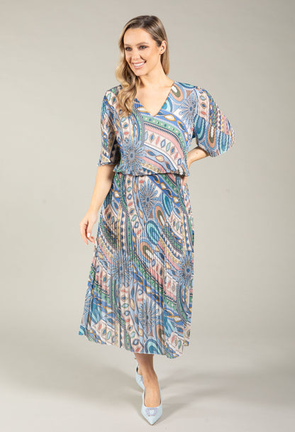 Paisley Print Plisse Pleated Pop Over Dress