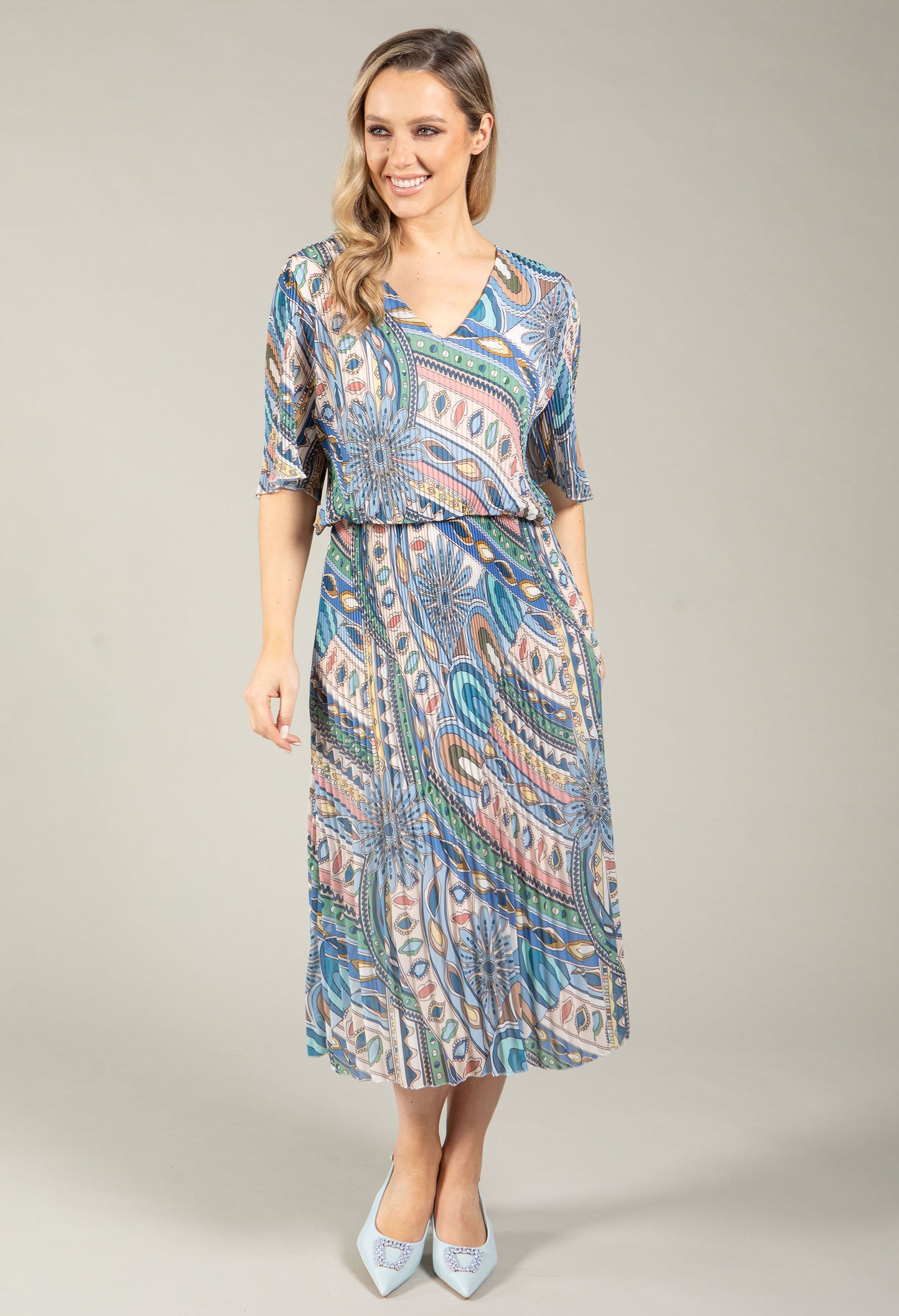 Paisley Print Plisse Pleated Pop Over Dress