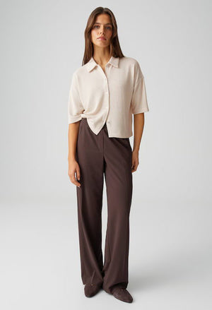 Woman wearing a beige blouse and brown pants on a white background
