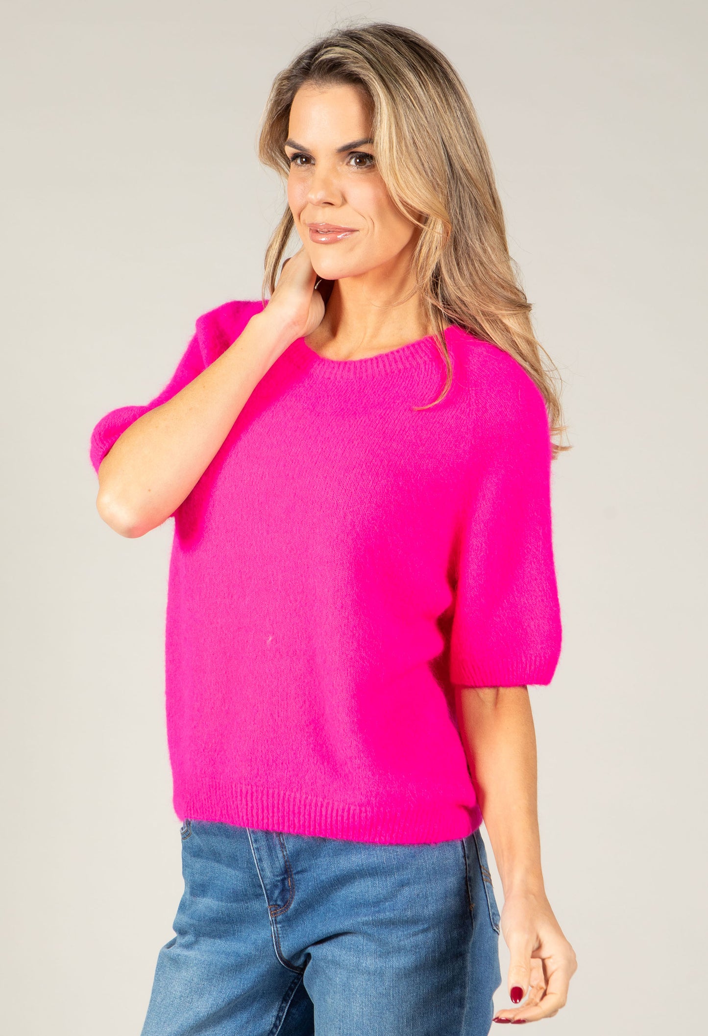 Round Neck Short Sleeve Sweater in Superfine Alpaca