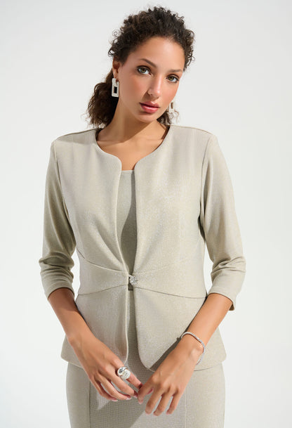 Woman wearing a beige suit on a white background