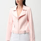 woman wearing a light pink biker jacket on a white background
