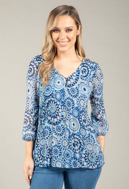 Plisse Pleated Mosaic Print Blouse