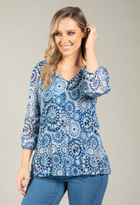 Plisse Pleated Mosaic Print Blouse