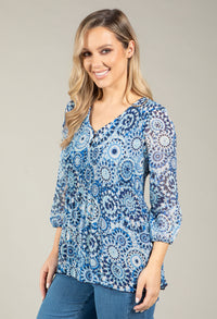 Plisse Pleated Mosaic Print Blouse