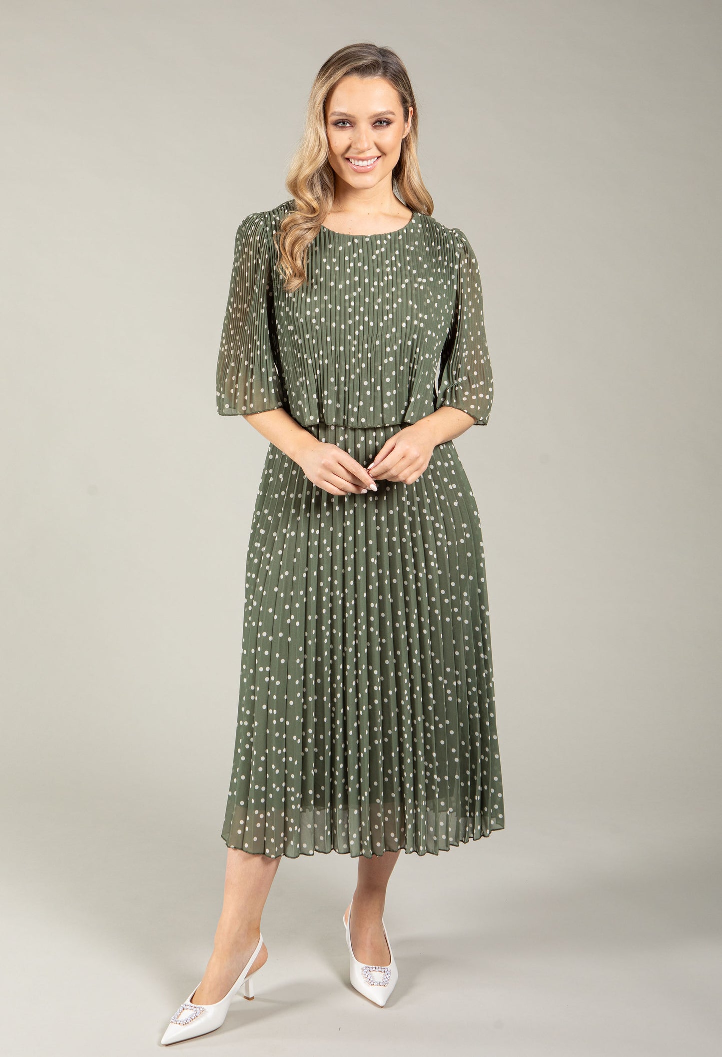 Polka Dot Plisse Pleated Pop Over Dress