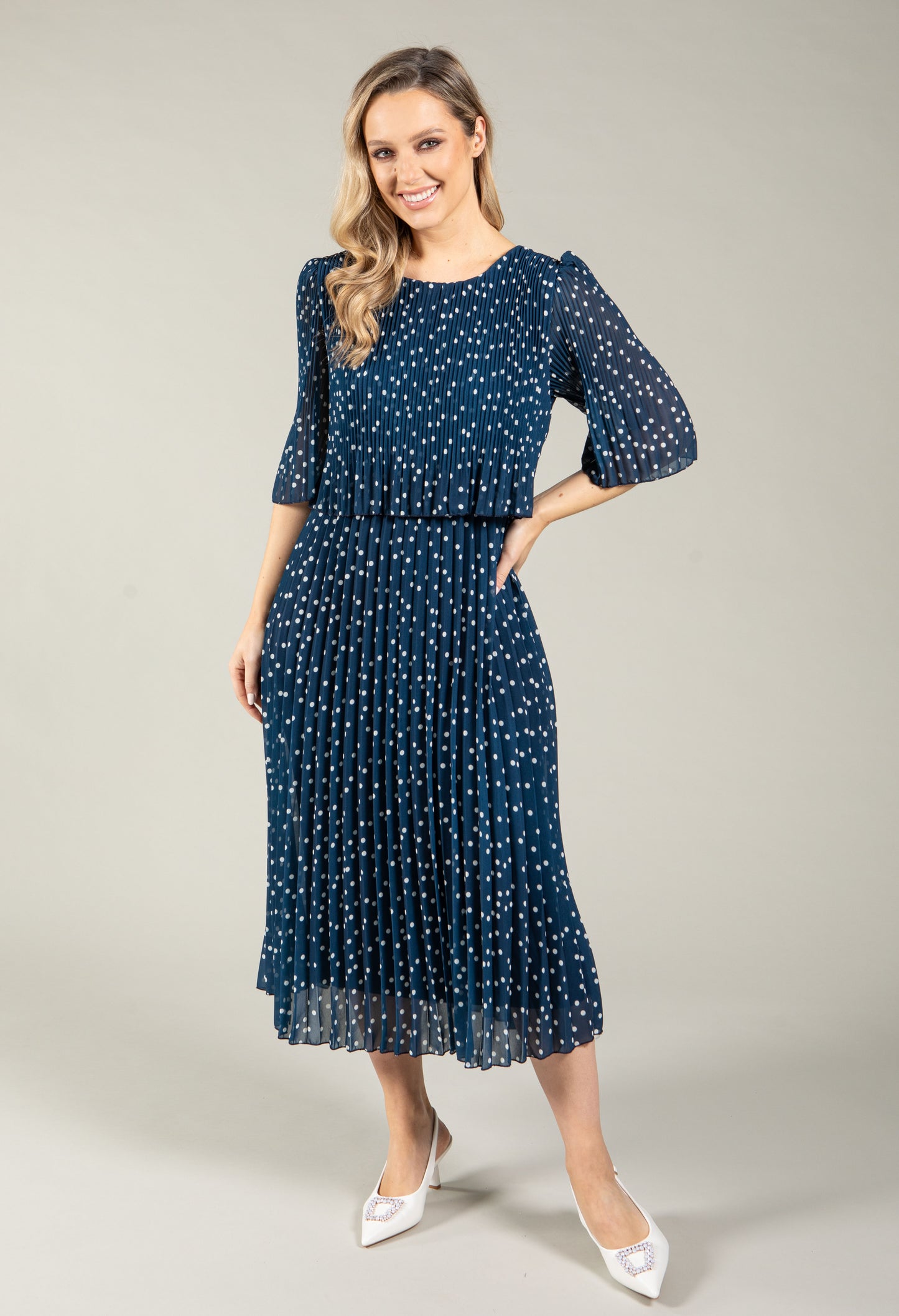 Polka Dot Plisse Pleated Pop Over Dress