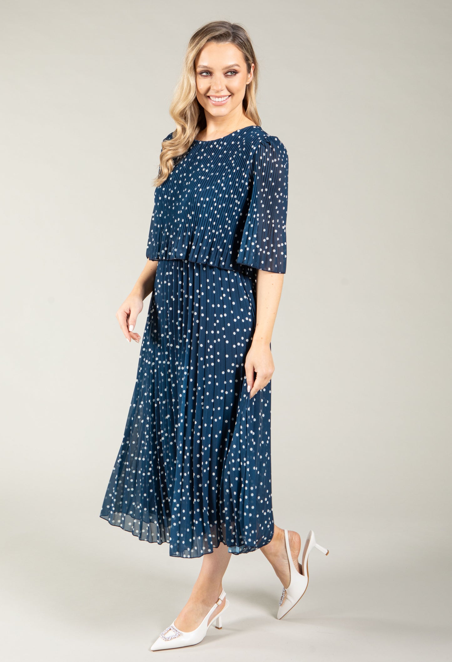 Polka Dot Plisse Pleated Pop Over Dress