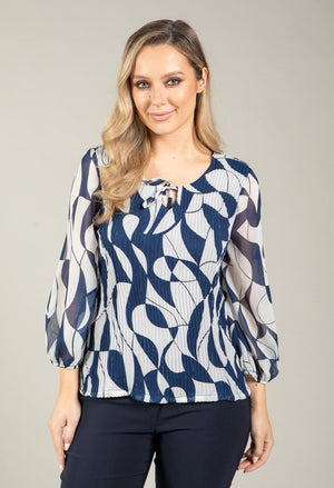 Plisse Pleated Abstract Print Blouse