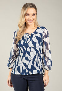 Plisse Pleated Abstract Print Blouse