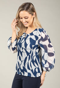 Plisse Pleated Abstract Print Blouse