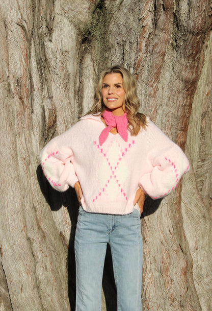 Argyle Design V-Neck Knit Jumper