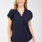 navy short sleeve top with scallop neckline