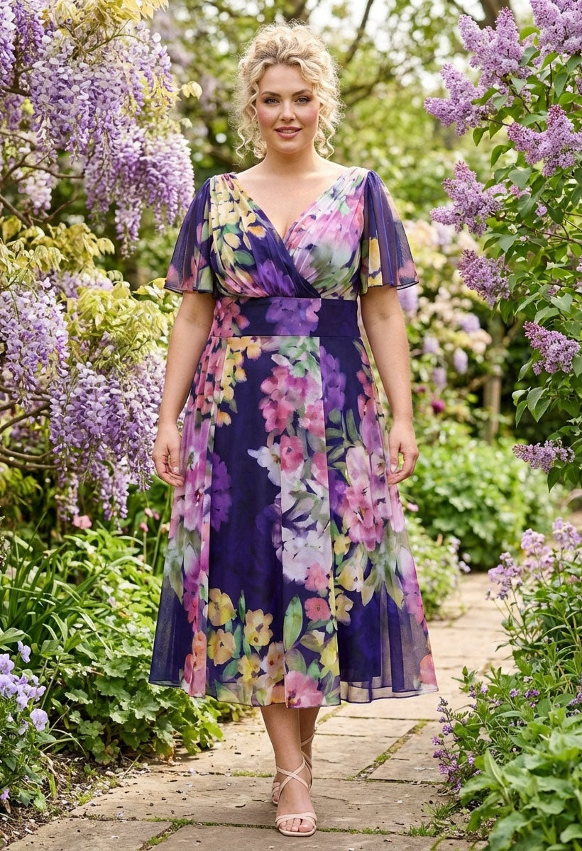 Victoria Angel Sleeve Mesh Midi Curve+ Dress