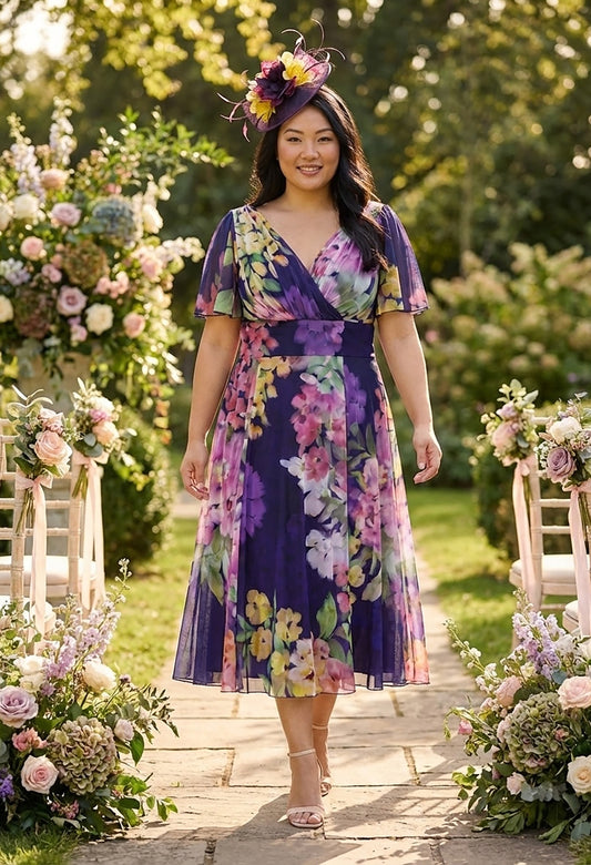 Victoria Angel Sleeve Mesh Midi Curve+ Dress