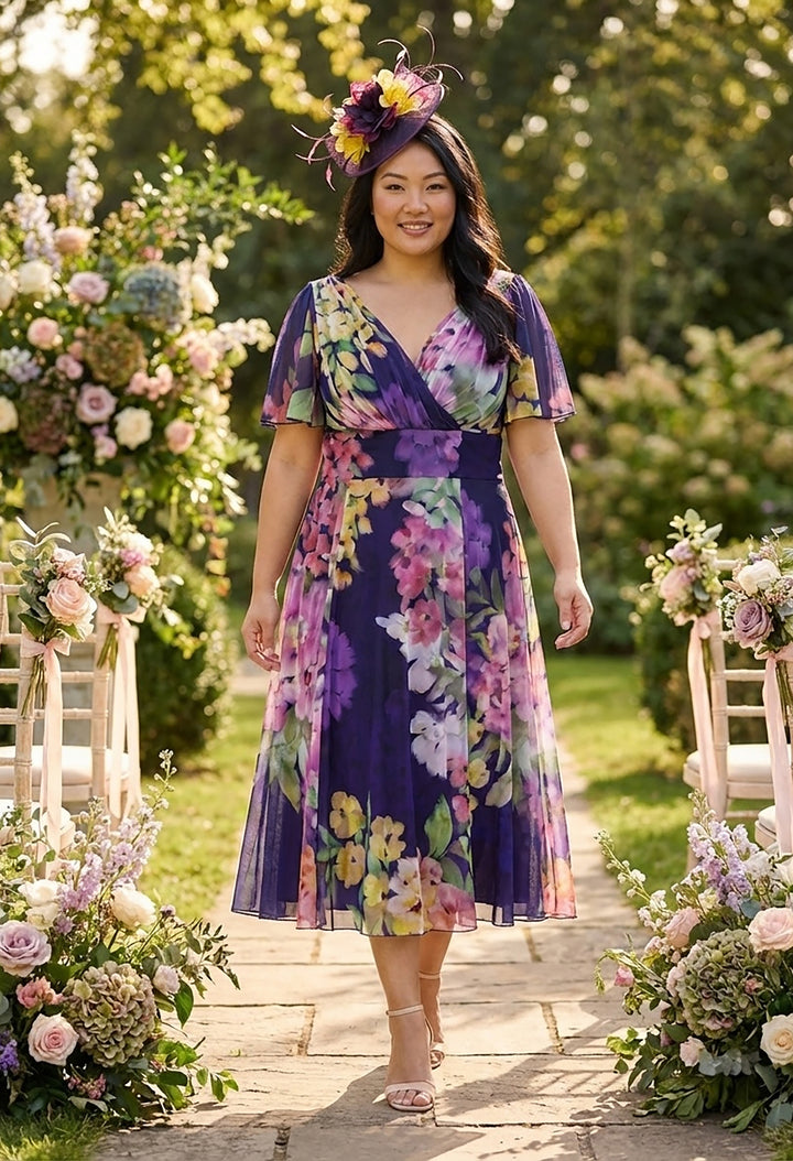 Victoria Angel Sleeve Mesh Midi Curve+ Dress