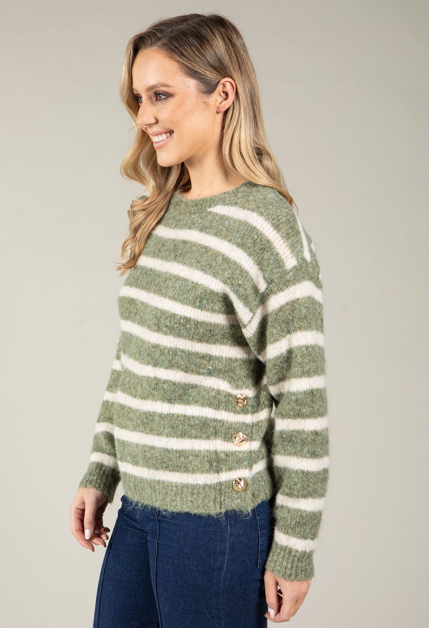 Gold Button Striped Knit Jumper