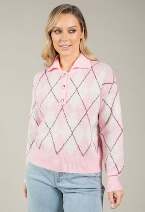 Gold Button Argyle Knit Jumper