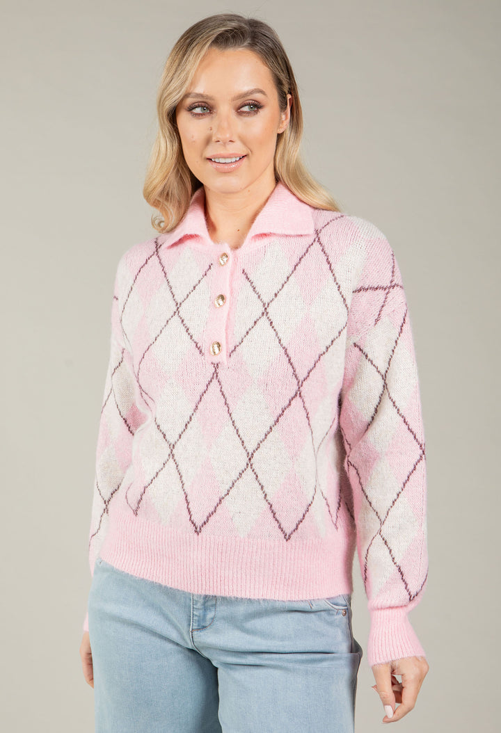 Gold Button Argyle Knit Jumper