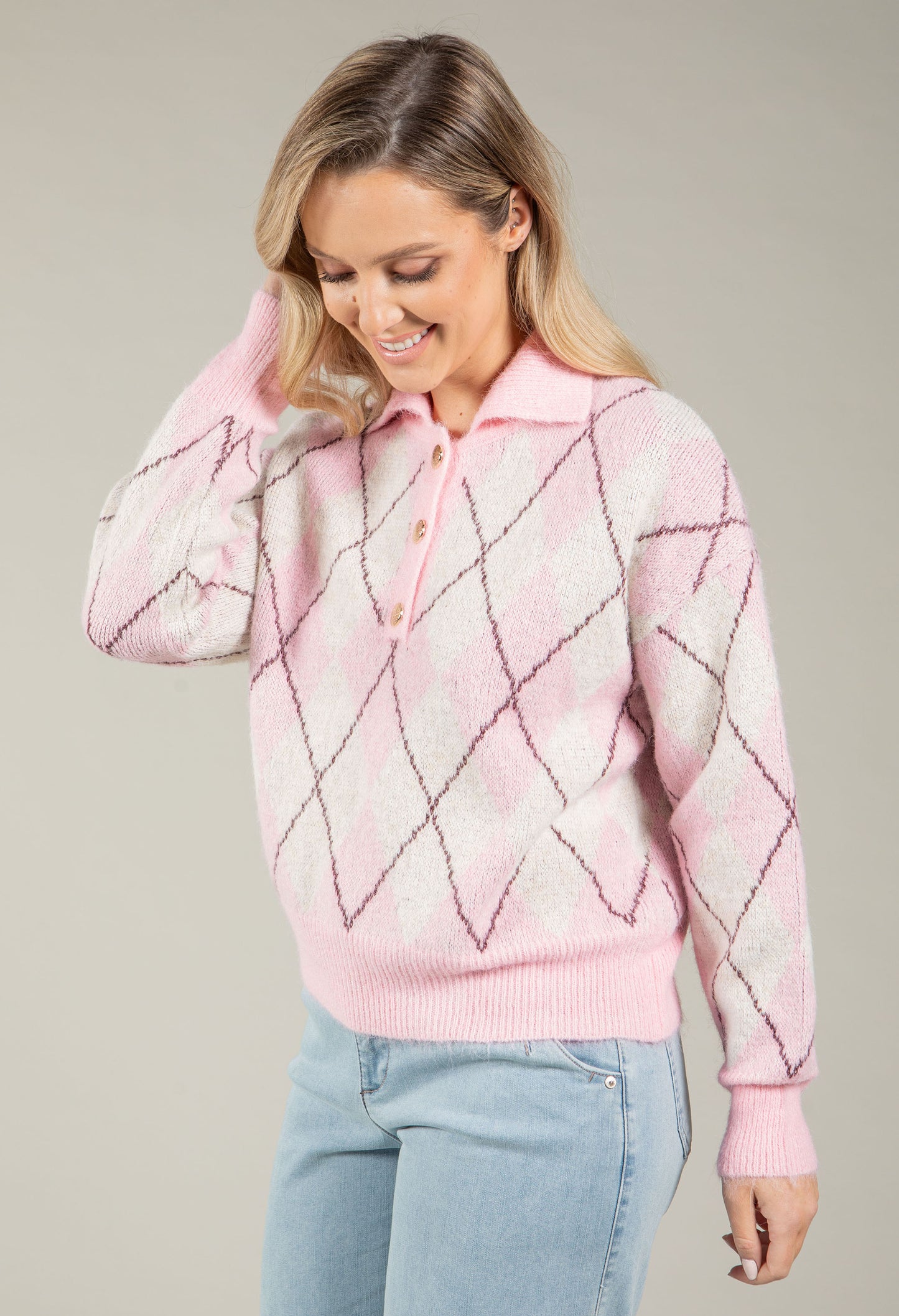 Gold Button Argyle Knit Jumper