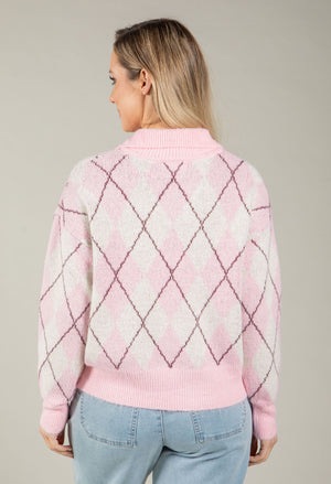 Gold Button Argyle Knit Jumper