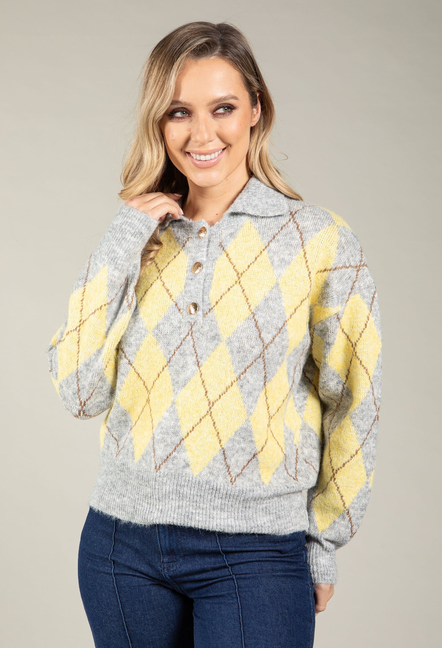 Gold Button Argyle Knit Jumper