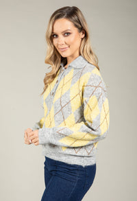 Gold Button Argyle Knit Jumper