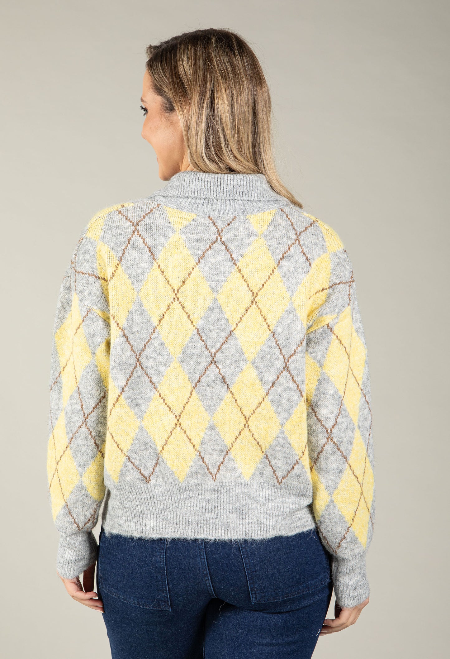 Gold Button Argyle Knit Jumper