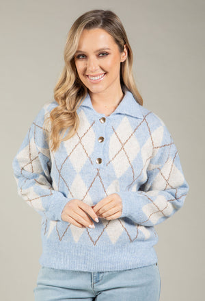 Gold Button Argyle Knit Jumper