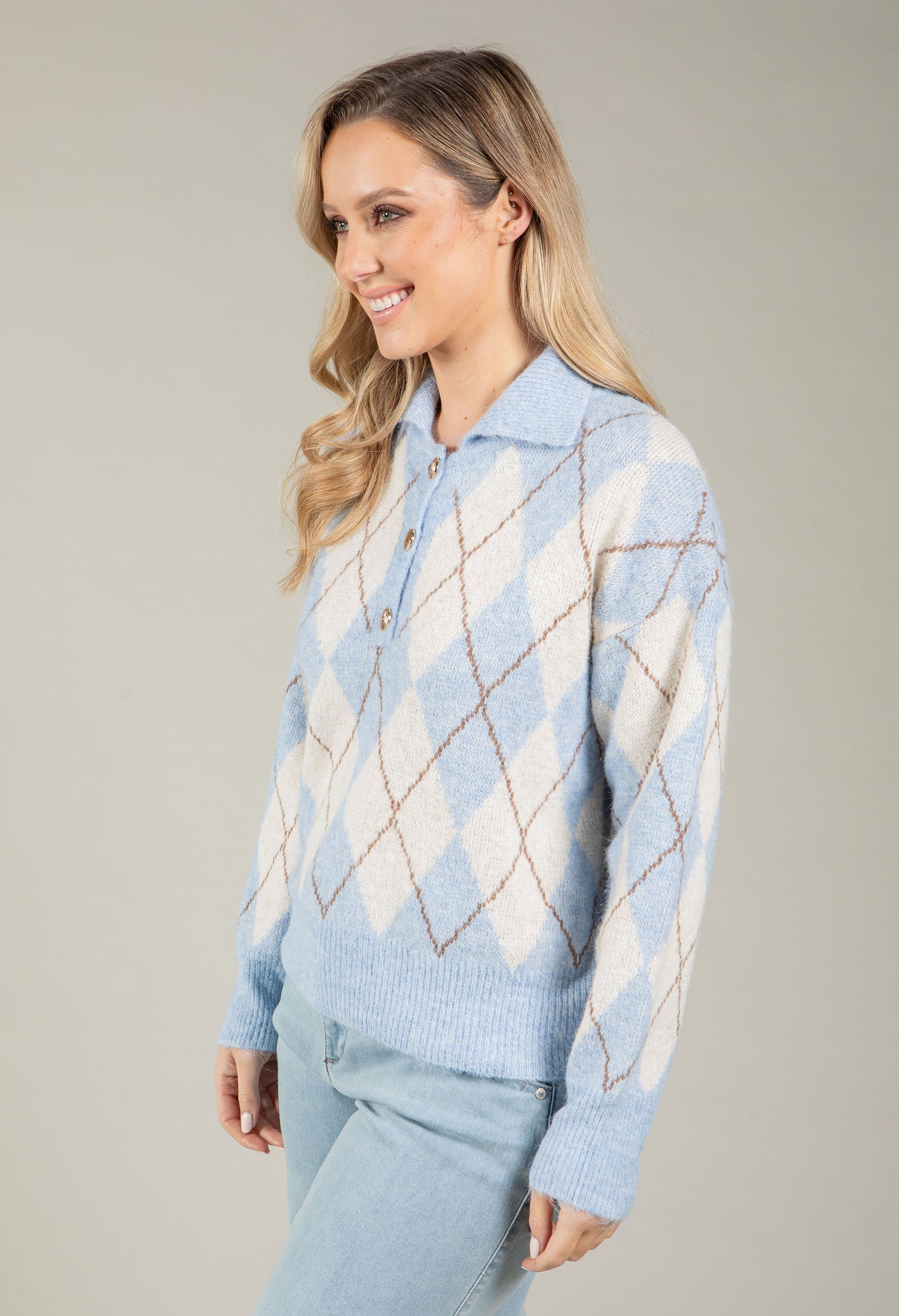 Gold Button Argyle Knit Jumper