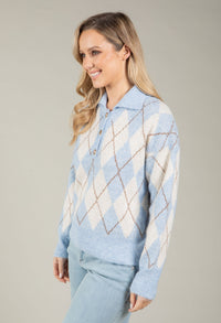 Gold Button Argyle Knit Jumper