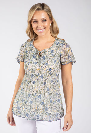 Floral Print Plisse Pleated Top