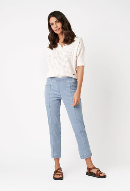 woman wearing light blue denim joggers