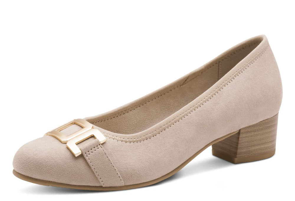 faux suede slip on heel with a gold buckle