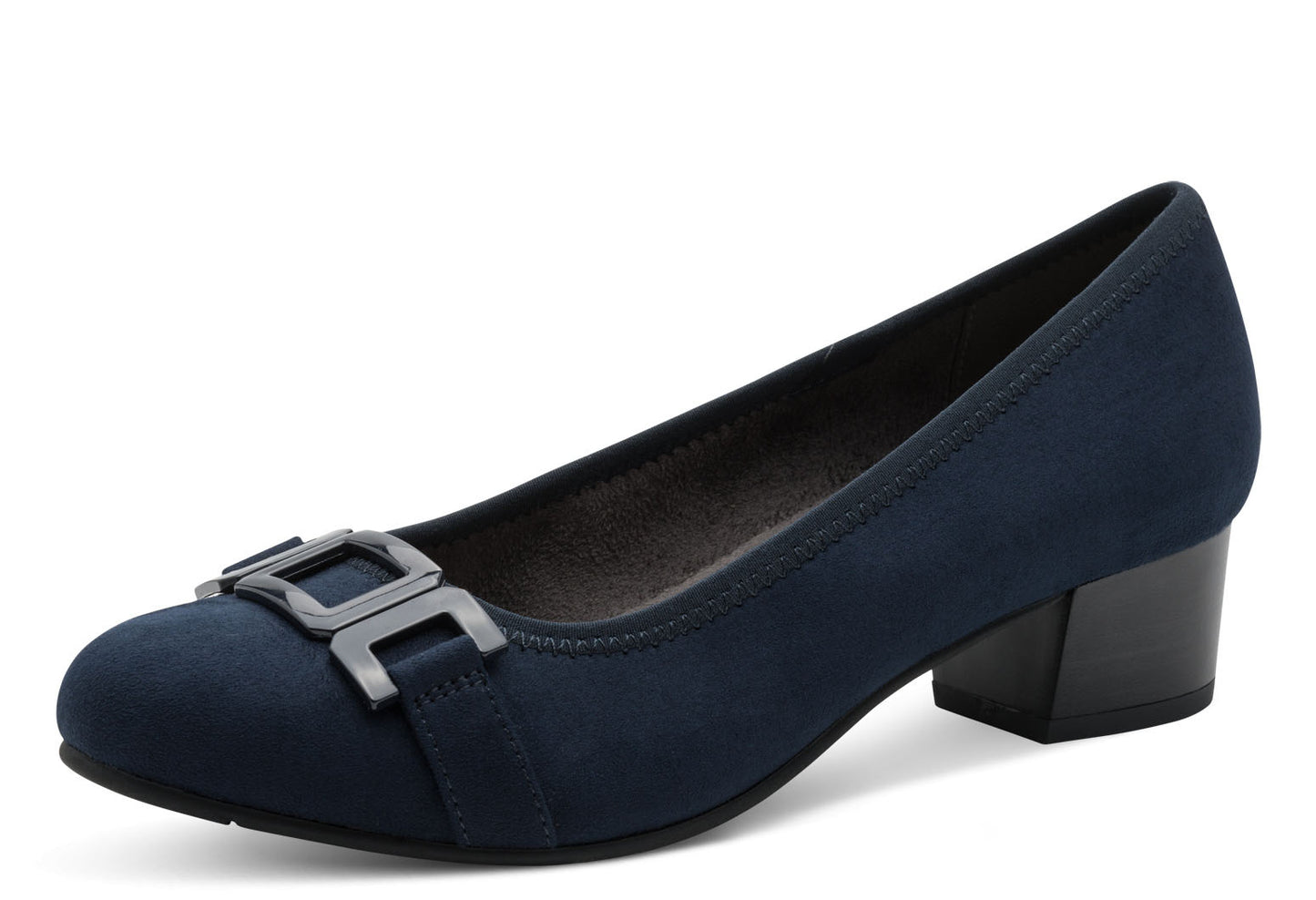 Navy blue shoe with a buckle on a white background