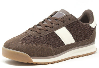 chocolate crochet detail trainer with contrast stripe