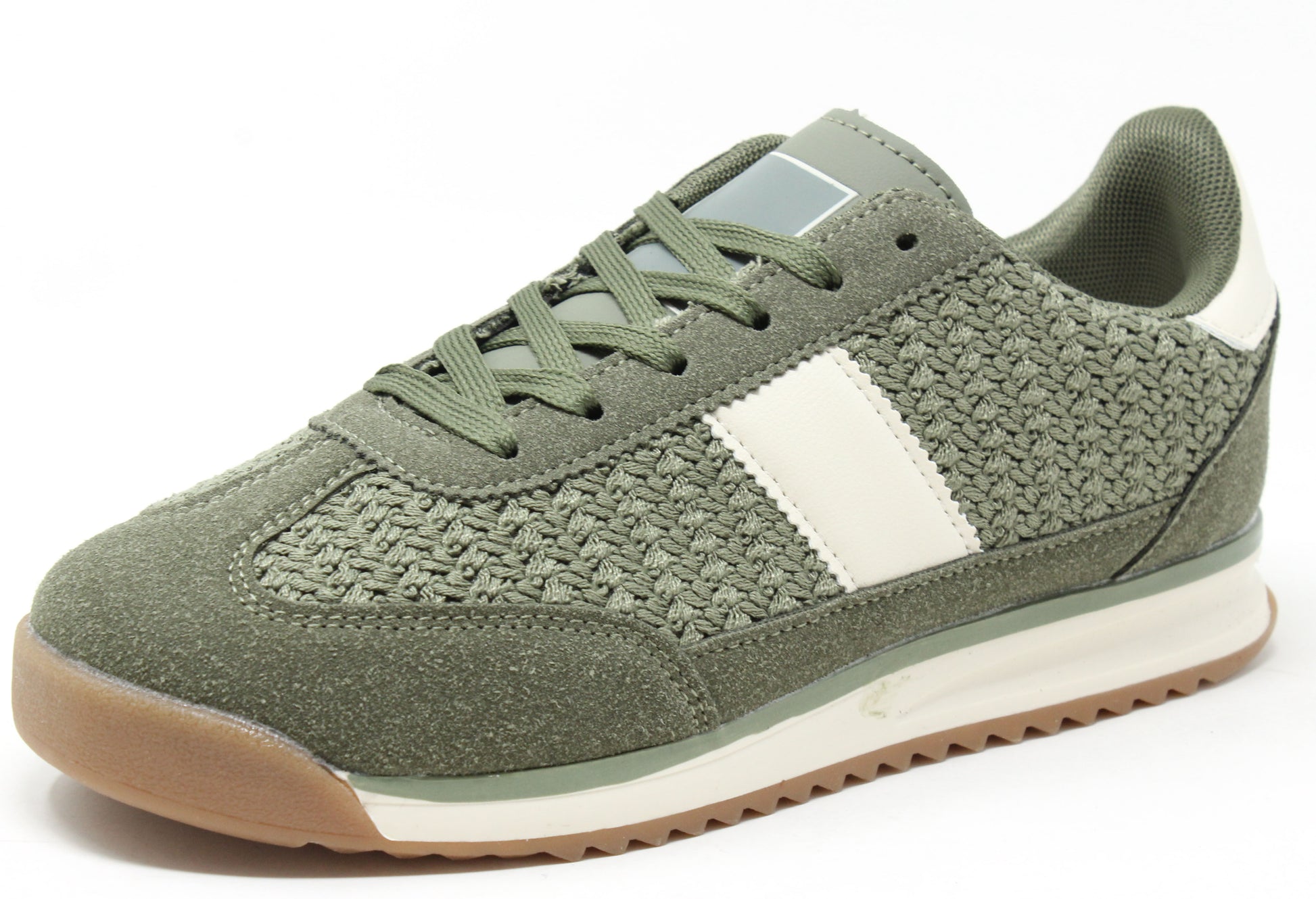 khaki crochet detail trainer with contrast stripe
