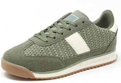 khaki crochet detail trainer with contrast stripe